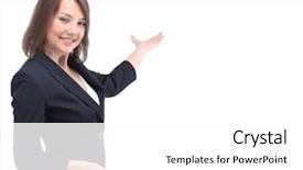  Presentation with hand palm - Cool new theme with invitation - smiling girl showing open hand backdrop and a white colored foreground