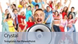  Presentation with people talking - Beautiful slides featuring invitation - young man talking in loud-hailer backdrop and a light blue colored foreground