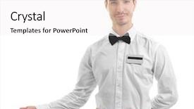  Presentation with waiter - Slide deck consisting of invitation business reception - cute waiter welcoming you background and a white colored foreground