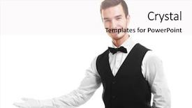  Presentation with waiter hand in white glove - PPT layouts featuring invitation business reception - waiter welcoming you on white background and a white colored foreground
