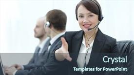  Presentation with company presentation - Theme having invitation company presentation - happy businesswoman in headset invites background and a  colored foreground