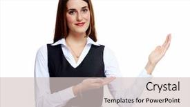  Presentation with small business - Cool new presentation design with invitation company presentation - inviting business woman isolated backdrop and a  colored foreground