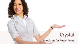  Presentation with company presentation - PPT theme enhanced with invitation company presentation - young business woman isolated background and a lemonade colored foreground