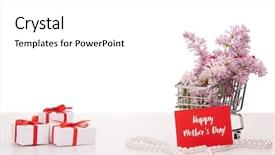  Presentation with mothers day - Colorful PPT theme enhanced with invitation pearls - shopping trolley with brenches backdrop and a  colored foreground