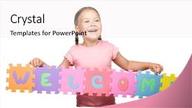  Presentation with slogan - Audience pleasing presentation theme consisting of invitation school - cute little girl is holding backdrop and a sky blue colored foreground