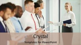  Presentation with interview - Slide set consisting of invitation seminar - young secretary inviting next candidate background and a coral colored foreground