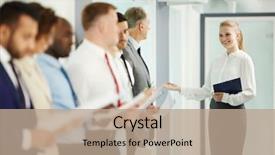  Presentation with interview - Amazing PPT theme having invitation seminar - young woman inviting one backdrop and a coral colored foreground