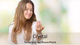  Presentation with young business woman smile show - Beautiful PPT theme featuring invited - young beautiful brunette business woman backdrop and a coral colored foreground