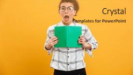  Presentation with portrait of excited overjoyed female - Presentation theme having portrait of excited woman involved background and a yellow colored foreground