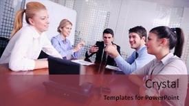  Presentation with video conference - Slide deck with business people group have video meeting conference at office background and a tawny brown colored foreground