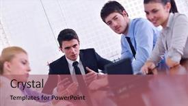  Presentation with video conference - Slide deck consisting of business people group have video background and a coral colored foreground