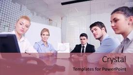  Presentation with video conference - Audience pleasing theme consisting of ips - business people group have video backdrop and a coral colored foreground