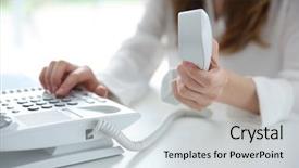  Presentation with telephone - Theme enhanced with voip telecommunication - businesswoman with office ip telephone background and a sky blue colored foreground