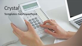  Presentation with telephone - Theme consisting of voip telecommunication - businesswoman with office ip telephone background and a light gray colored foreground