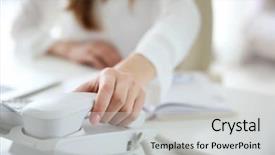  Presentation with telephone cabling patch panel - Theme consisting of voip telecommunication - businesswoman with office ip telephone background and a light gray colored foreground