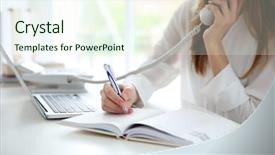  Presentation with telephone - Beautiful presentation featuring voip telecommunication - businesswoman with office ip telephone backdrop and a cream colored foreground