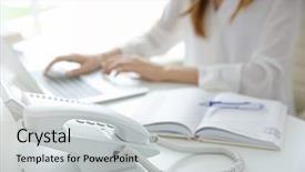  Presentation with telephone - Beautiful slide deck featuring voip telecommunication - businesswoman with office ip telephone backdrop and a light gray colored foreground