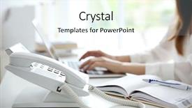  Presentation with telephone cabling patch panel - Cool new slide deck with voip telecommunication - businesswoman with office ip telephone backdrop and a sky blue colored foreground