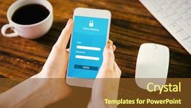  Presentation with online banking - Presentation theme having ip security - woman using smartphone against online background and a tawny brown colored foreground