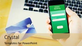  Presentation with online banking - Presentation theme enhanced with ip security - businessman using smartphone against online background and a yellow colored foreground