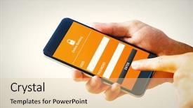  Presentation with hand holding puzzle piece - Cool new PPT layouts with ip security - hand holding smartphone against white backdrop and a  colored foreground