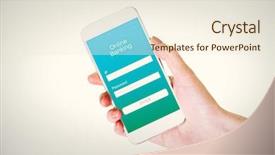  Presentation with hand holding puzzle piece - Cool new presentation theme with ip security - hand holding smartphone against white backdrop and a  colored foreground