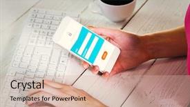  Presentation with online banking - Presentation having ip security - woman using smartphone at work background and a soft green colored foreground