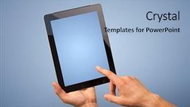  Presentation with fingers - Slide set enhanced with ipad - female fingers touching blank tablet background and a light blue colored foreground