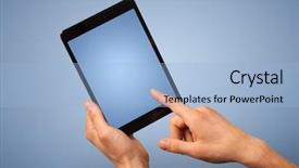  Presentation with hand touching finger digital - Audience pleasing slides consisting of ipad - female fingers touching blank tablet backdrop and a light blue colored foreground