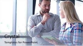  Presentation with next - Cool new PPT theme with ipad - two business people preparing backdrop and a light blue colored foreground