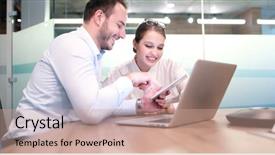  Presentation with laptop - PPT theme featuring ipad - two business people using laptop background and a coral colored foreground