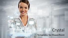  Presentation with high tech - Beautiful presentation featuring ipad technology - image of businesswoman with tablet backdrop and a light gray colored foreground