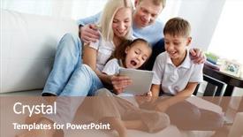  Presentation with family children - Presentation design having ipad technology - portrait of happy family background and a coral colored foreground