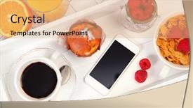  Presentation with health care mobile app - Beautiful PPT theme featuring iphone - healthy breakfast and mobile phone backdrop and a coral colored foreground