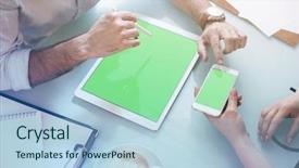  Presentation with working woman - Audience pleasing slides consisting of iphone - man and woman working backdrop and a light blue colored foreground