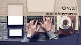  Presentation with workplace - PPT theme featuring iphone - top view of writer's workplace background and a soft green colored foreground