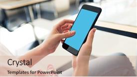  Presentation with cafe - PPT layouts consisting of iphone - woman using smartphone while sitting background and a coral colored foreground