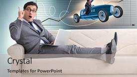  Presentation with idea - Audience pleasing presentation theme consisting of race car start up - man with bright idea sitting backdrop and a light gray colored foreground