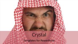  Presentation with man wear black suit - Colorful slide set enhanced with iran iraq war - man wears a keffiyeh backdrop and a coral colored foreground