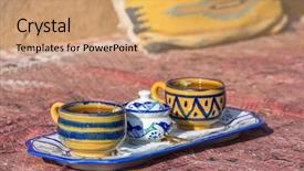  Presentation with persian carpet - Beautiful PPT theme featuring iranian culture - clay ornamental cups of tea backdrop and a coral colored foreground