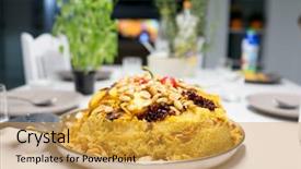  Presentation with iftar - Theme with iranian culture - ready iftar food on table background and a  colored foreground