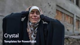  Presentation with destroyed city - Presentation design enhanced with iraq war - desperate syrian woman in destroyed background and a wine colored foreground