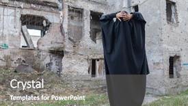  Presentation with iraq - PPT theme with iraq war - desperate syrian woman in destroyed background and a gray colored foreground