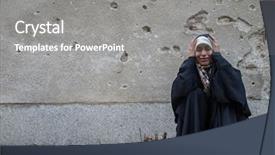  Presentation with destroyed city - Colorful presentation design enhanced with iraq war - desperate syrian woman in destroyed backdrop and a gray colored foreground