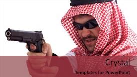  Presentation with gun - PPT theme having iraq war - man holds gun while wearing background and a red colored foreground