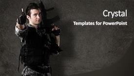  Presentation with iraq war - PPT theme consisting of iraq war - young soldier with rifle background and a dark gray colored foreground