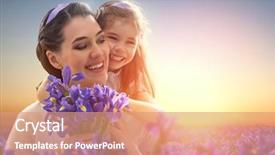  Presentation with iris flower - Colorful PPT theme enhanced with iris flower - happy mother and child together backdrop and a coral colored foreground