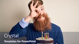  Presentation with happy birthday cake - Theme consisting of irish-redhead-man-with-beard background and a navy blue colored foreground