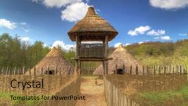  Presentation with medieval iron doors stone castle - Theme having iron age settlement of craggaunowen background and a coral colored foreground