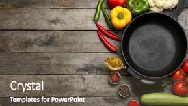  Presentation with frying - Colorful theme enhanced with iron frying pan with products backdrop and a tawny brown colored foreground